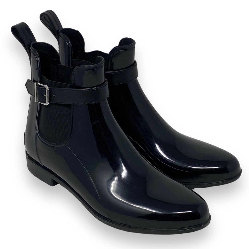 Marc Fisher MFRainy Black Bubber Booties w/Elastic & Buckle Details Size 10 EUC